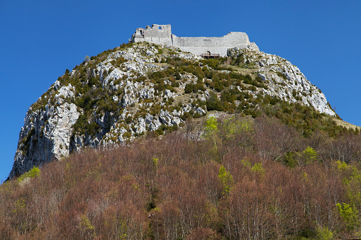 Montsegur, France - April 14, 2017: Cathar Castle of Montsegur, Occitanie, France.
