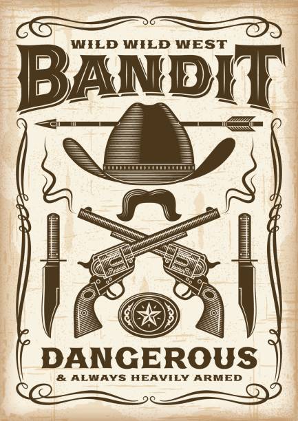 Vintage Wild West Bandit Poster Vintage wild west bandit poster in woodcut style. Editable EPS10 vector typography. buckle stock illustrations