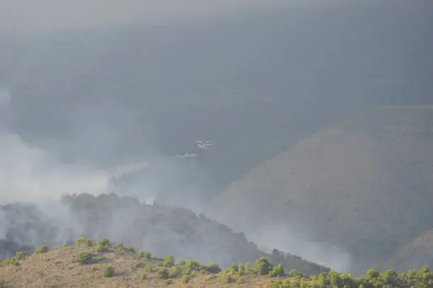 Forest fire, fire, fire extinguishing, airplane, helicopter, Costa Blanca, Polop de la Marina,
