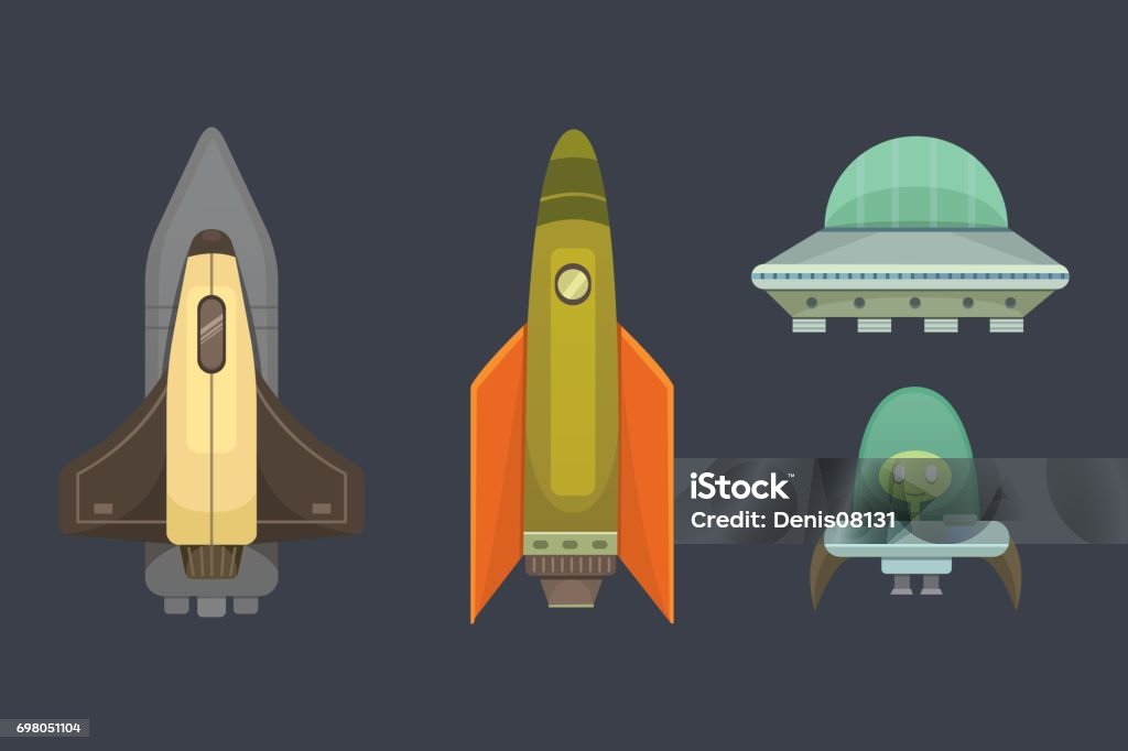 Rocket ship in cartoon style. New Businesses Innovation Development Flat Design Icons Template. Space ships illustrations set. Art stock vector