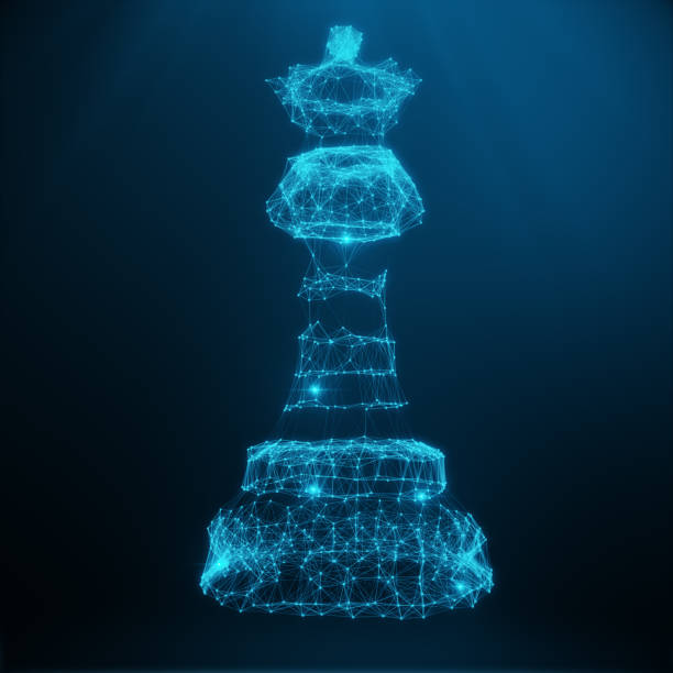 Abstract Low Poly Model, Chess Piece Queen consisting of blue dots and lines. Abstract illustration of business strategy, 3D rendering