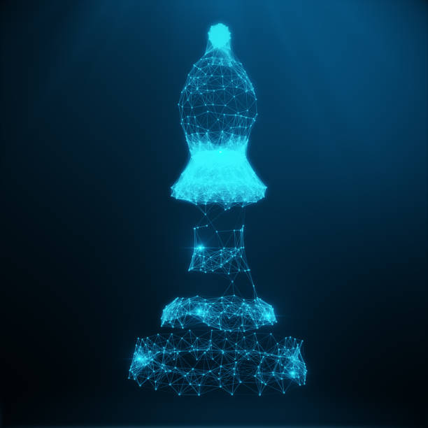 resumen el modelo de bajo poli, elefante de pieza de ajedrez que consta de líneas y puntos azules. ilustración abstracta de la estrategia de negocio, 3d rendering - chess pawn red blue leisure games fotografías e imágenes de stock