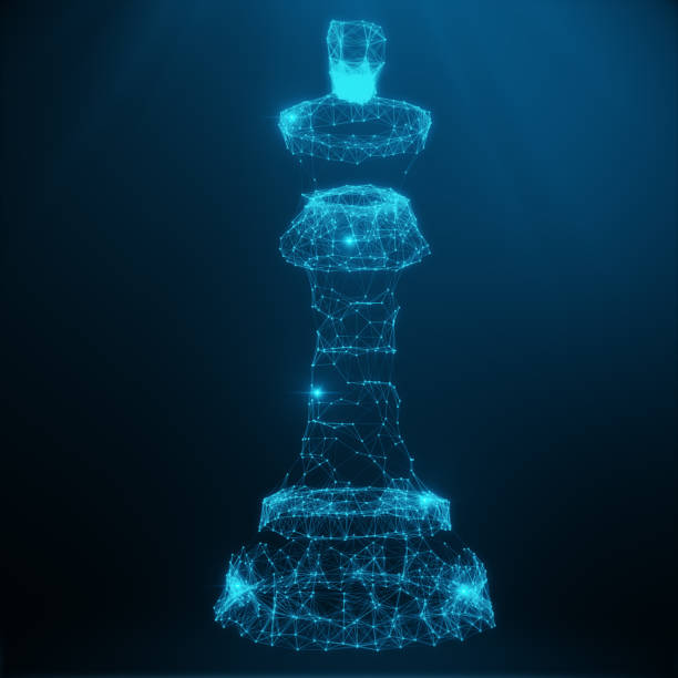 istock Abstract Low Poly Model, Chess Piece King consisting of blue dots and lines. Abstract illustration of business strategy, 3D rendering 698055452