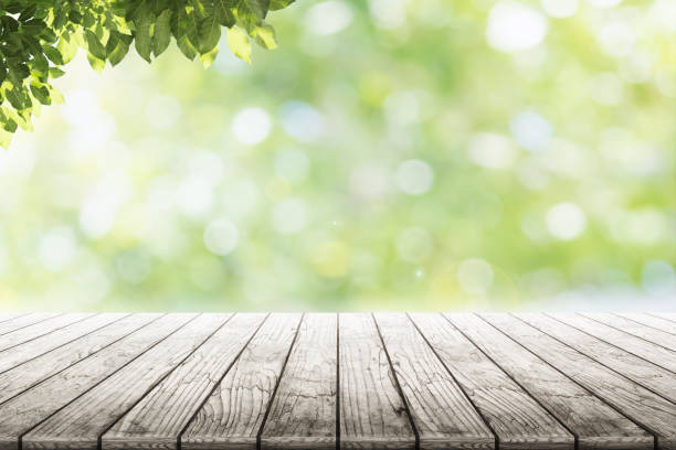 istock Empty wooden table with party in garden background blurred. 698058994
