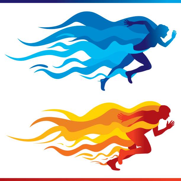 Running Colorful Flames Vector illustration a Running Colorful Flames with a female and masculine figures with blue and red flames flame silhouettes stock illustrations