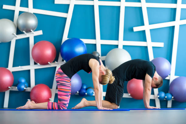 Nice couple doing Cat pose. Yoga group concept. Nice couple doing yoga in a studio. Young people in yoga class in Cat pose. Yoga group concept cat pose yoga stock pictures, royalty-free photos & images