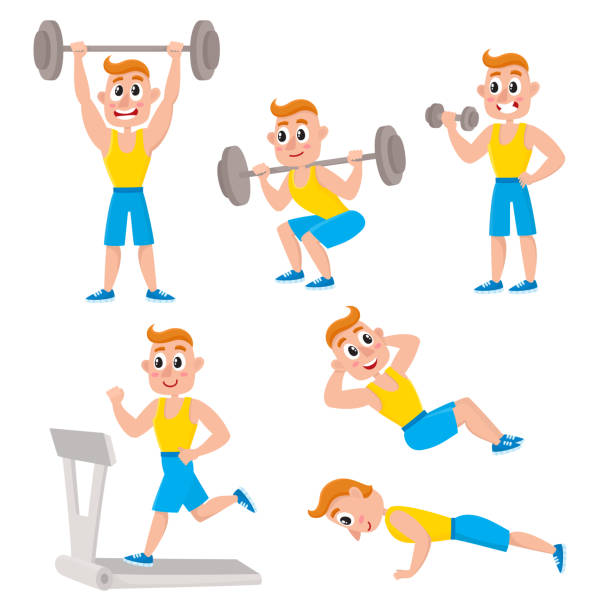 ilustrações de stock, clip art, desenhos animados e ícones de young man doing sport exercises, training, weightlifting, doing sit-ops, push-ups - muscular build body building abdominal muscle barbell