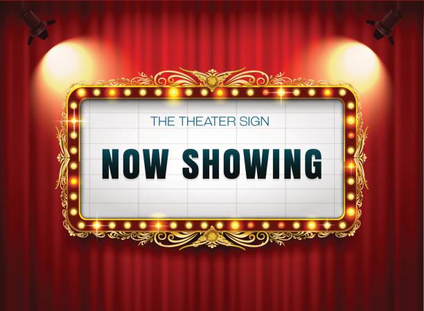 theater-schild gold-rahmen auf vorhang mit spotlight - movie sign stock-grafiken, -clipart, -cartoons und -symbole