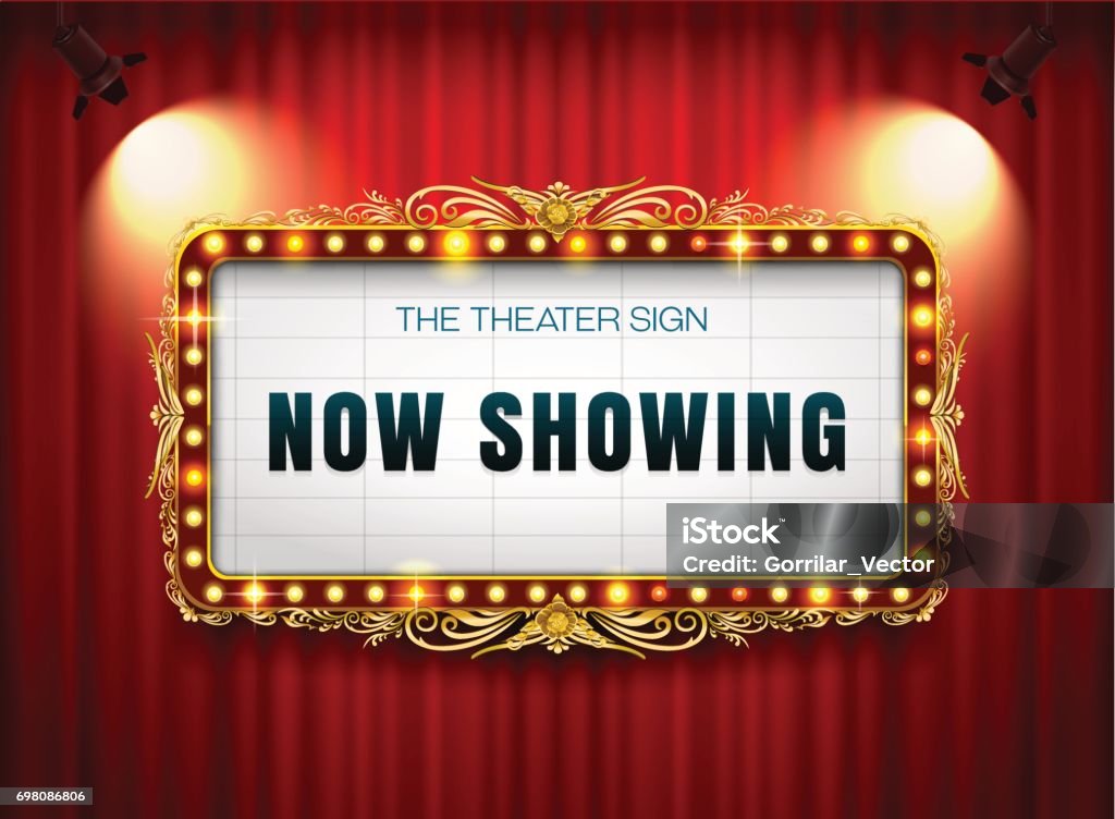 theater sign gold frame on curtain with spotlight theater sign gold frame on curtain with spotlight vector illustration Movie Theater stock vector