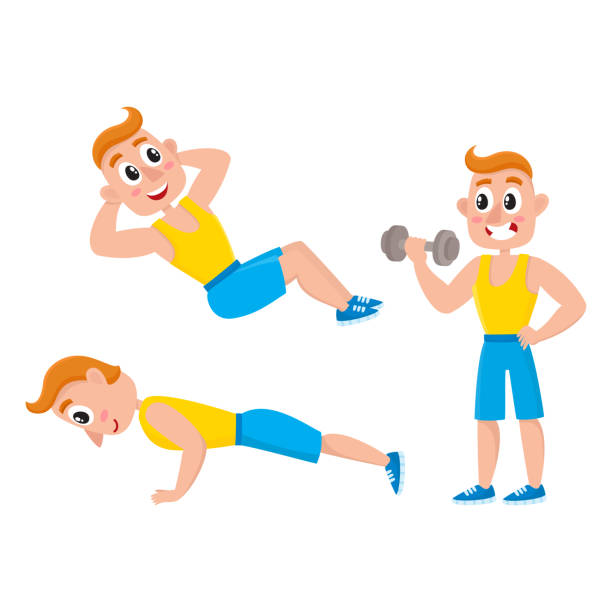 ilustrações de stock, clip art, desenhos animados e ícones de young man doing sport exercises, training, weightlifting, doing sit-ops, push-ups - exercising men push ups muscular build