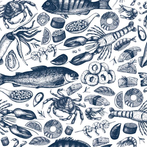 seafood_pattern_2 Vintage Seafood background. Hand drawn fresh fish, lobster, crab, oyster, mussel, squid ring, caviar, sushi.  sketch. Seamless food pattern. shrimp prepared shrimp seafood vector stock illustrations