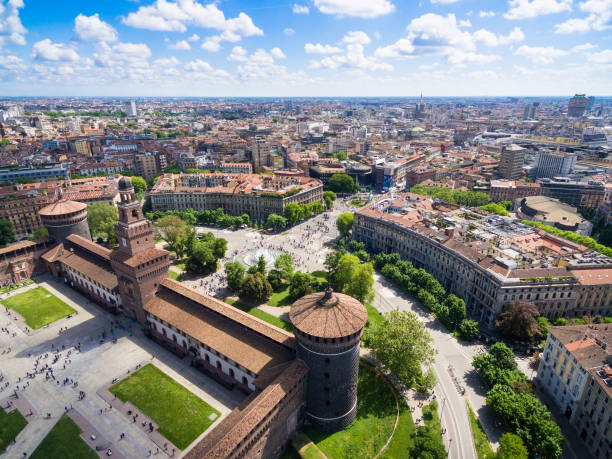 Aerial photography view of Sforza castello castle in  Milan city in Italy stock photo
