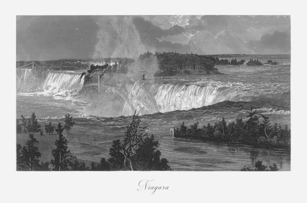 illustrazioni stock, clip art, cartoni animati e icone di tendenza di cascate del niagara, cascate del niagara, new york, cascate del niagara, ontario, incisione vittoriana americana, 1872 - bridal veil falls niagara