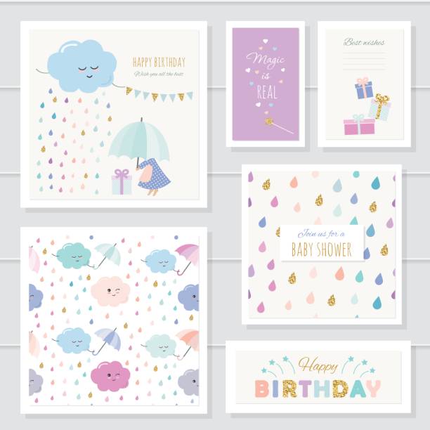 ilustraciones, imágenes clip art, dibujos animados e iconos de stock de cute tarjetas con elementos glitter oro para niñas. para babyshower, cumpleaños, ropa bebés, cubierta de la notebook. incluye dos patrones sin fisuras con gotas de lluvia y nubes. acuarela. - vector birthday teenage girls little girls