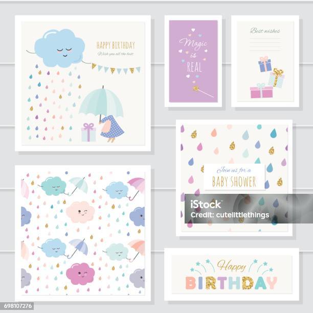 Cute Cards With Gold Glitter Elements For Girls For Baby Shower Birthday Babies Clothes Notebook Cover Included Two Seamless Patterns With Rain Drops And Clouds Watercolor Stock Illustration - Download Image Now
