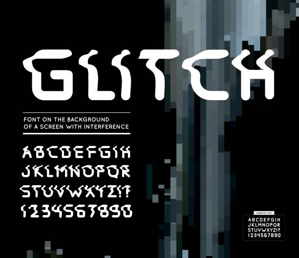 Glitch font. Vector illustration Glitch font. Vector illustration on background of a screen with interference distorted font stock illustrations