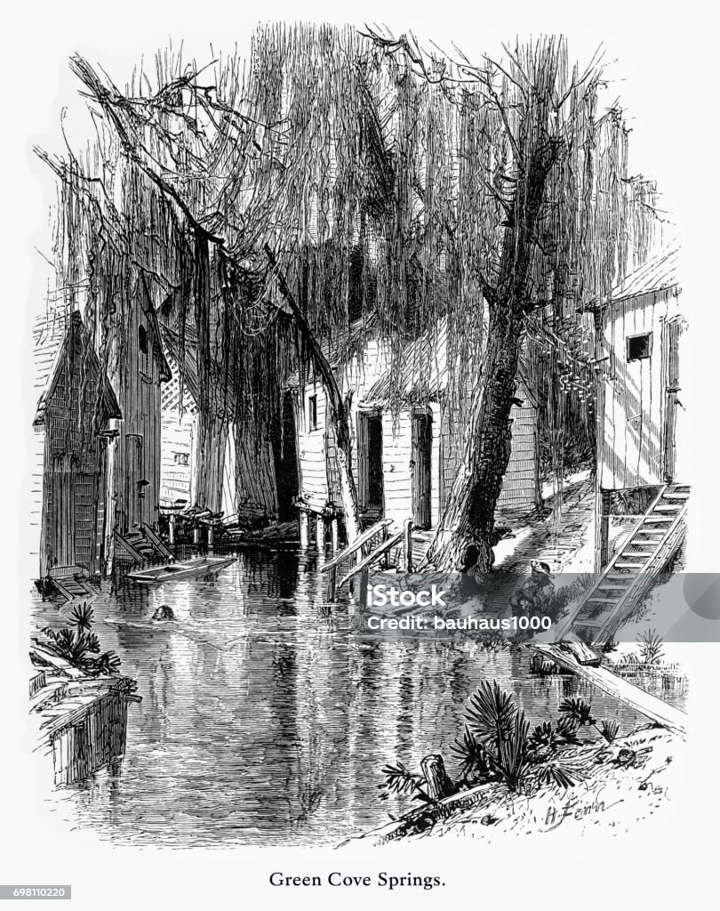 Green Cove Springs, St. Johns River, Florida, United States, American Victorian Engraving, 1872 Very Rare, Beautifully Illustrated Antique Engraving of Green Cove Springs, St. Johns River, Florida, United States, American Victorian Engraving, 1872. Source: Original edition from my own archives. Copyright has expired on this artwork. Digitally restored. African-American Ethnicity stock illustration