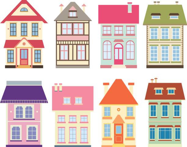 Collection of cute cottages in victorian style Set of cute houses in victorian style. Flat icons with scrapbooking design. EPS8 victorian house stock illustrations