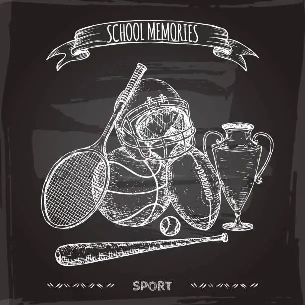 Vector illustration of Antique sport gear hand drawn sketch on blackboard background.