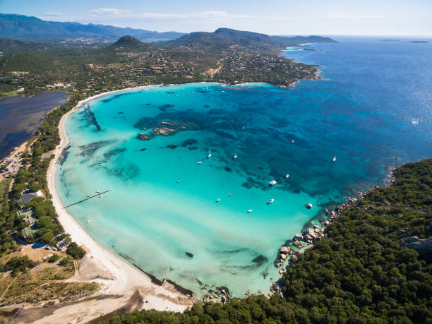 Aerial  view  of Santa Giulia beach in Corsica Island in France stock photo