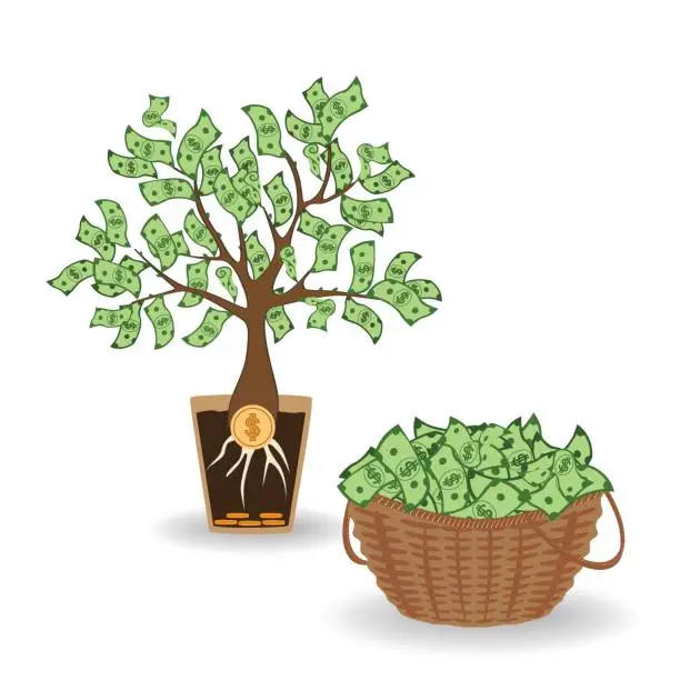 Vector illustration of Money tree with a coin root. Green cash banknotes tree in ceramic pot and money basket. Business and investment harvest and income concept