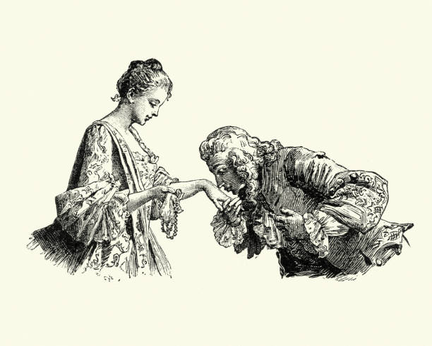 манон леско - человек целует руку молодых женщин - стиль 18 века stock illustrations