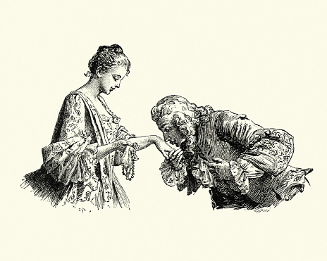Illustration from the story Manon Lescaut by Abbe Prevost. Set in France and Louisiana in the early 18th century, the story follows the hero, the Chevalier des Grieux, and his lover, Manon Lescaut. Man kissing young womans hand