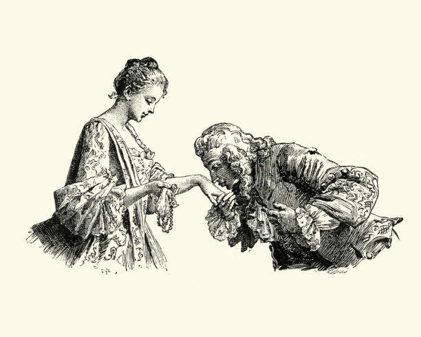 Manon Lescaut - Man kissing young womans hand Illustration from the story Manon Lescaut by Abbe Prevost. Set in France and Louisiana in the early 18th century, the story follows the hero, the Chevalier des Grieux, and his lover, Manon Lescaut. Man kissing young womans hand chivalry stock illustrations