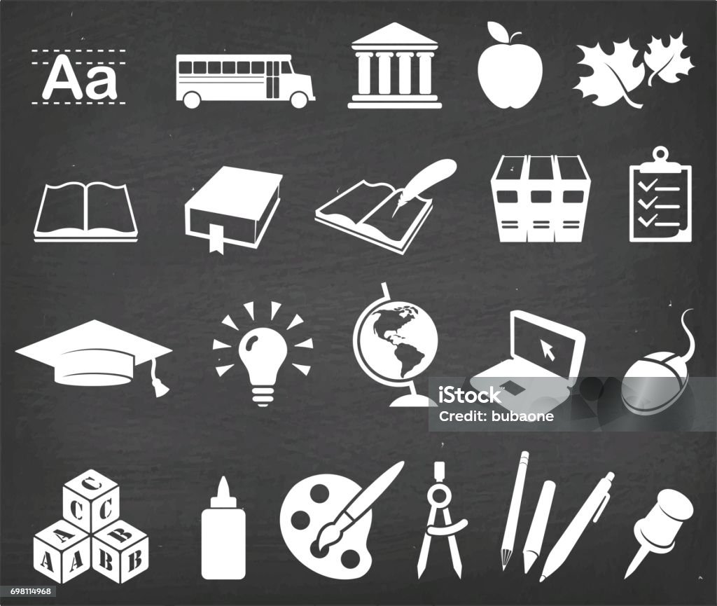 Going back to school and education vector icon set Going back to school and education vector icon set. This image features a set of roaylty free vector icons in white on a chalkboard. The icons can be used separately or as part of a set. The chalk board has a slight texture. Alphabet stock vector