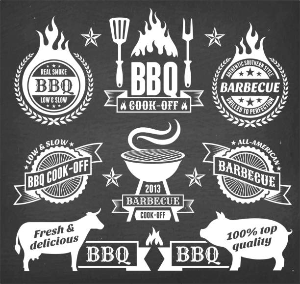 ilustrações de stock, clip art, desenhos animados e ícones de summer barbecue vector icon set collection - fire heat ornate dirty