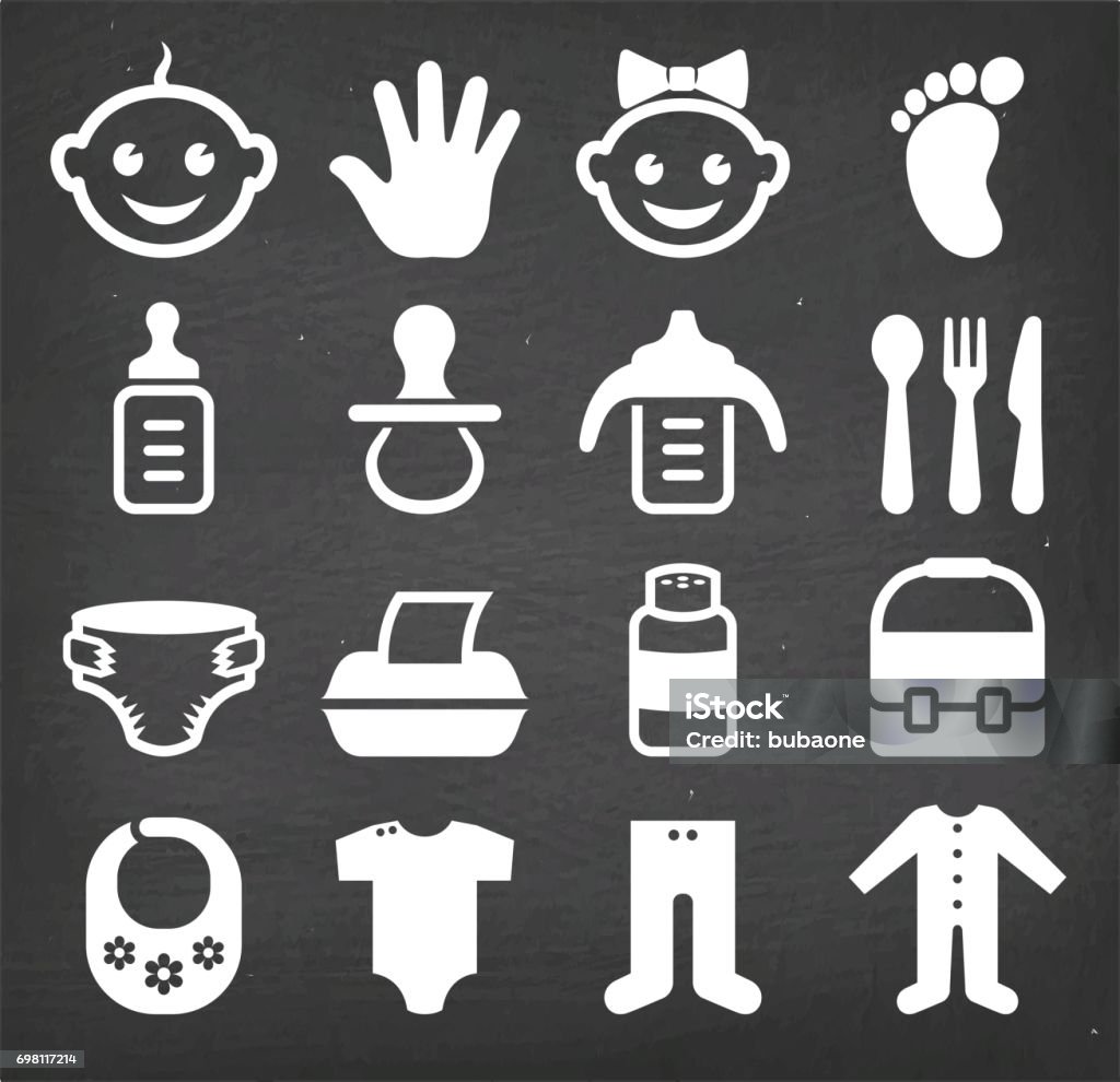 Baby and newborn royalty free vector icon set Baby and newborn royalty free vector icon set. This image features a set of roaylty free vector icons in white on a chalkboard. The icons can be used separately or as part of a set. The chalk board has a slight texture. Baby - Human Age stock vector