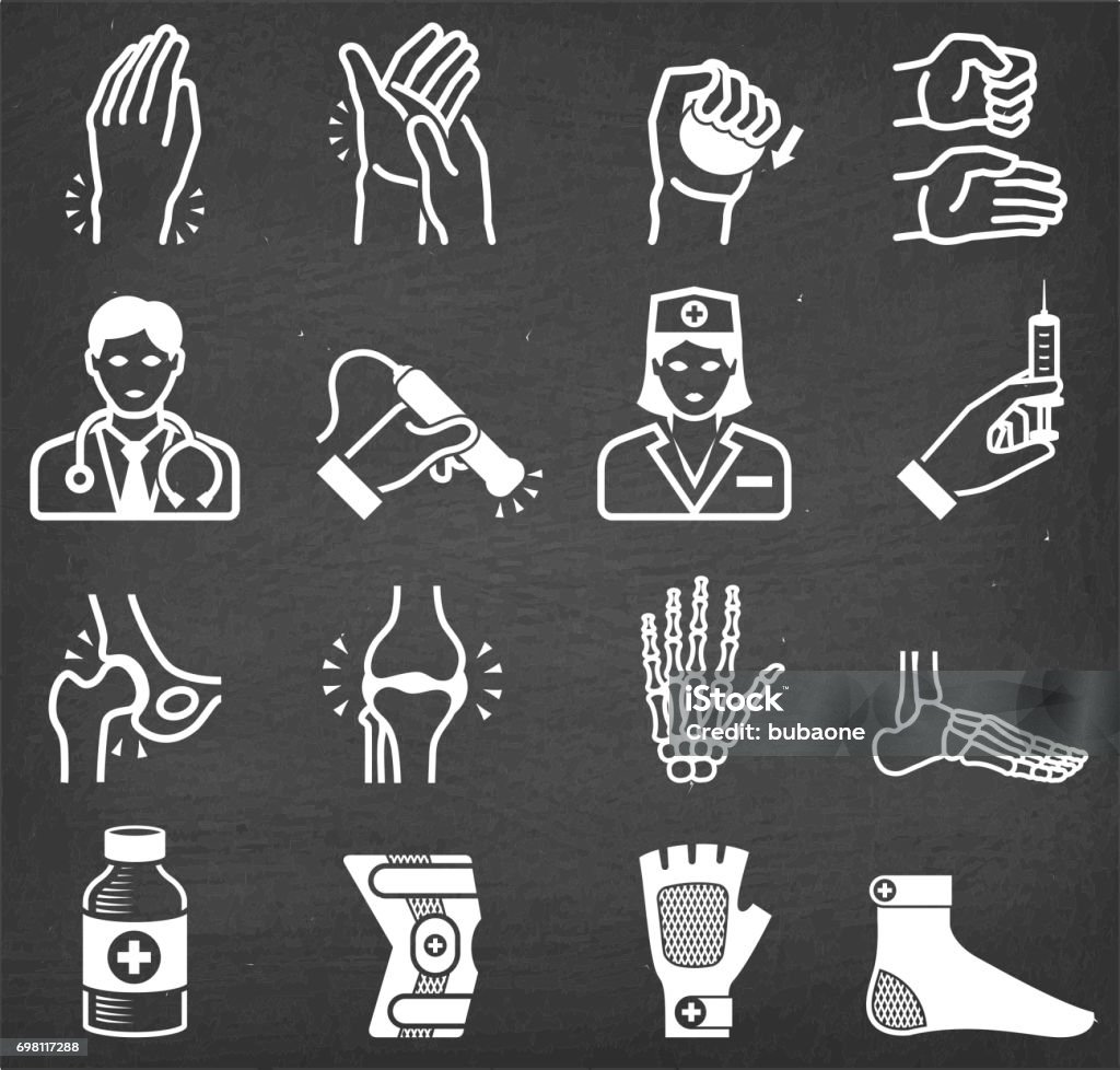 Arthritis Bones and Joints Pain Physical Theraphy icon set Arthritis Bones and Joints Pain Physical Theraphy icon set. This image features a set of roaylty free vector icons in white on a chalkboard. The icons can be used separately or as part of a set. The chalk board has a slight texture. Rheumatoid Arthritis stock vector