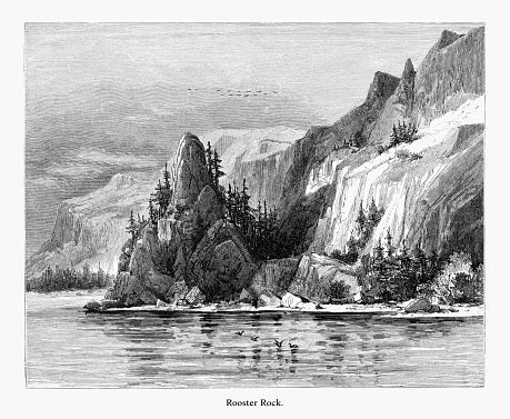 Very Rare, Beautifully Illustrated Antique Engraving of Rooster Rock, Oregon, United States, American Victorian Engraving, 1872. Source: Original edition from my own archives. Copyright has expired on this artwork. Digitally restored.