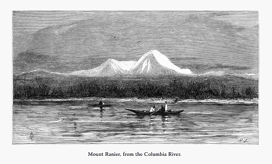 Very Rare, Beautifully Illustrated Antique Engraving of Mount Ranier, from the Columbia River, Washington, United States, American Victorian Engraving, 1872. Source: Original edition from my own archives. Copyright has expired on this artwork. Digitally restored.