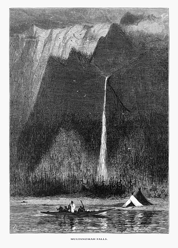 Very Rare, Beautifully Illustrated Antique Engraving of Multnomah Falls, Oregon, United States, American Victorian Engraving, 1872. Source: Original edition from my own archives. Copyright has expired on this artwork. Digitally restored.