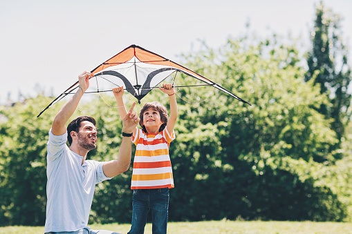 Father and son with a kite outdoors on a sunny day