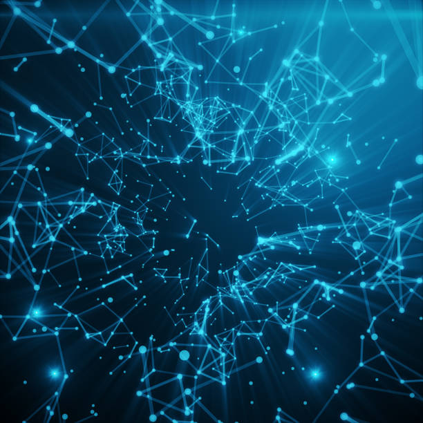 istock Abstract space blue tint background. Chaotically connected points and polygons flying in space. Flying debris. Futuristic technology style. Elegant background for business presentations, 3D rendering 698131584