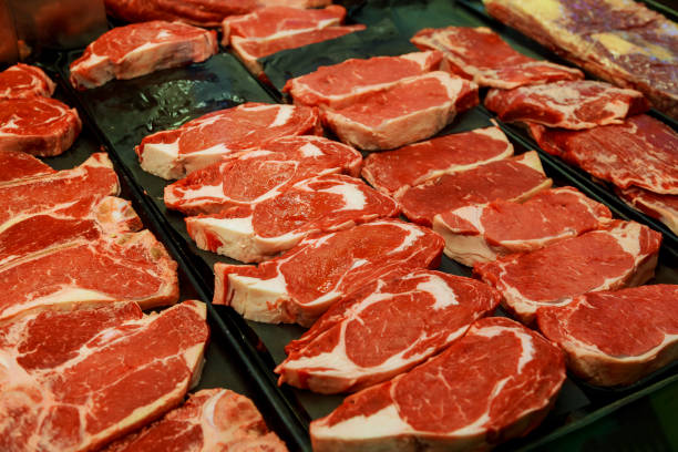 istock Raw fresh meat, beef or pork in supermarket for steak ingredient 698142696