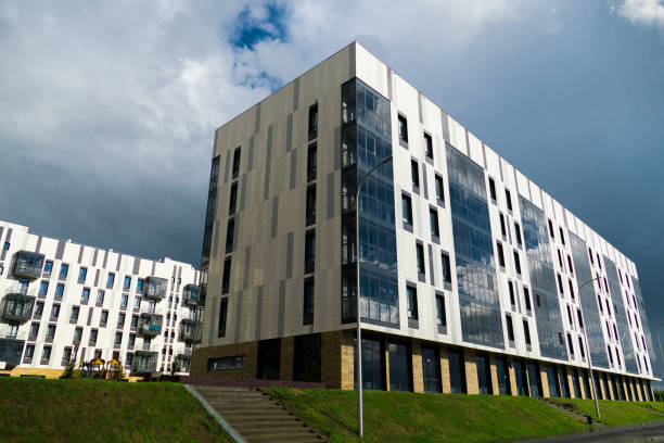 istock residential quarter with modern six storey building 698142782