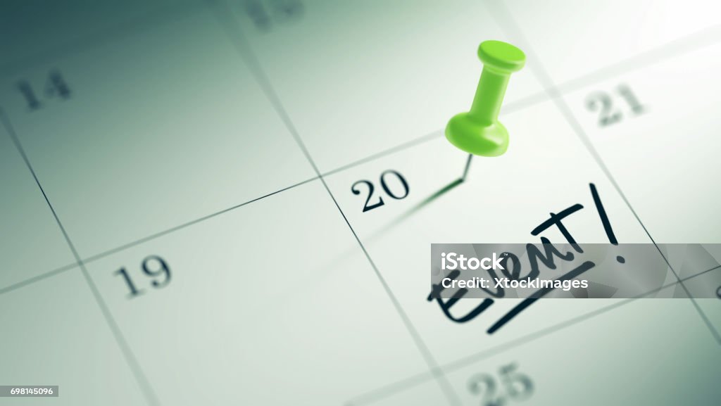 Calendar Concept Concept image of a Calendar with a green push pin. Closeup shot of a thumbtack attached. The words Event written on a white notebook to remind you an important appointment. Calendar Stock Photo