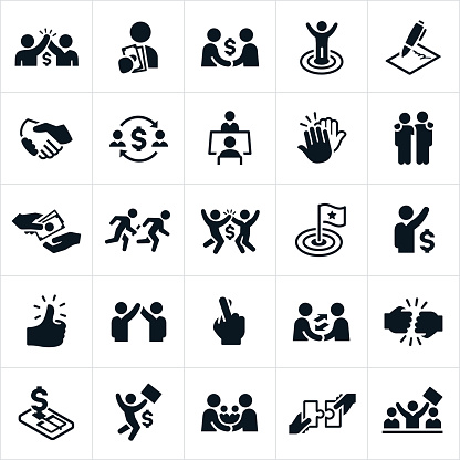 An icon set of business individuals making a deal with another person. The icons also show business partnerships being formed.