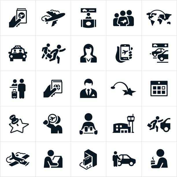 Air Travel Icons A set of air travel icons. The icons include an airport, airline ticket, passport, vehicle rental, family, taxi, passengers, stewardess, parking, check-in, pilot, destination, kiosk and other related icons. business travel stock illustrations