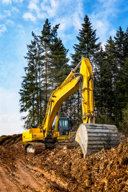 istock Yellow excavator on highway construction S7, Naprawa, Poland 698155186
