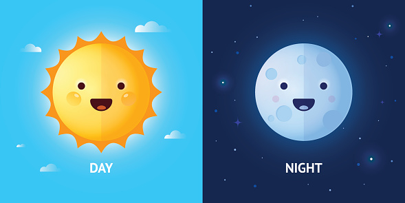 Day and night illustrations with funny smiling cartoon characters of sun and moon. EPS 10. RGB