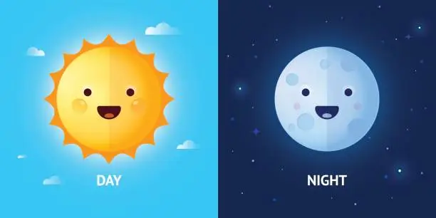 Vector illustration of Day and Night Illustrations with Sun and Moon