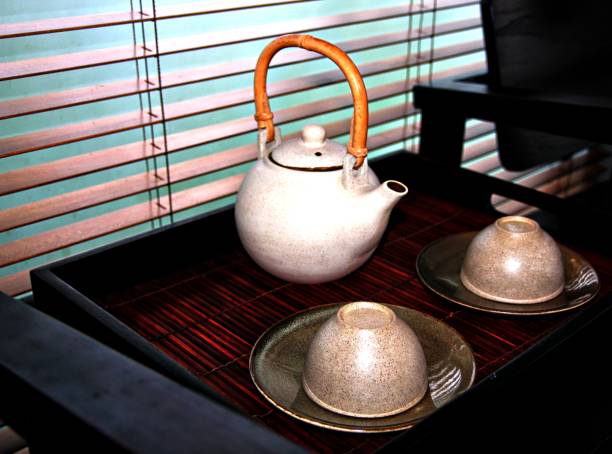 istock Teapot and saucers in a tray 698185210