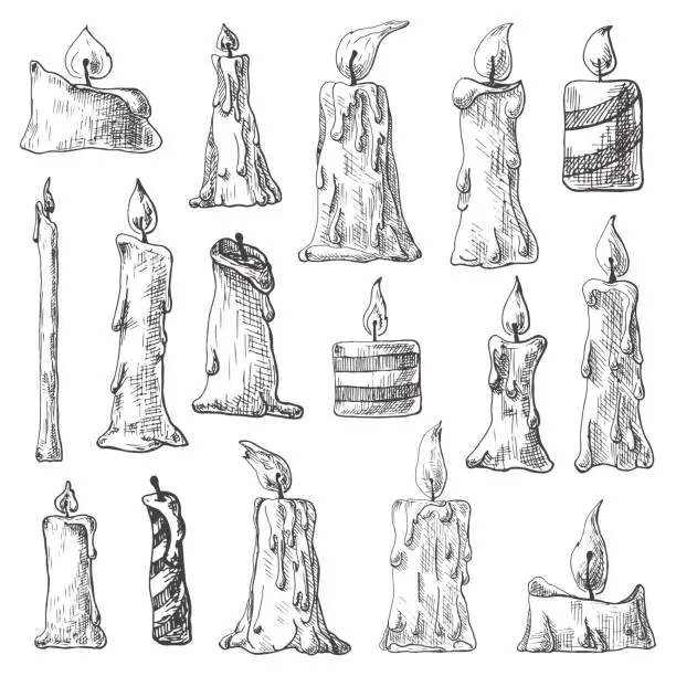 Vector illustration of Hand drawn set of burning candles. Vector illustration of a sketch style.