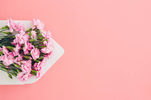 istock White envelope with pink flowers on pink background. mail for you 698193970