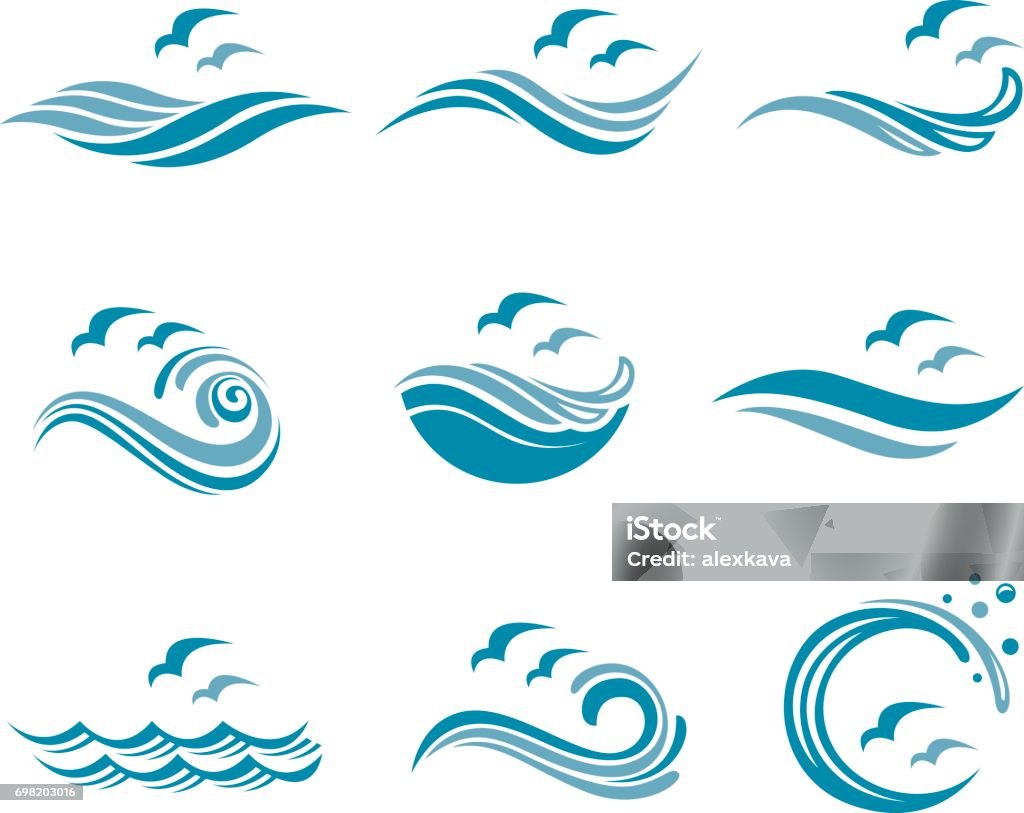 ocean icon set collection of ocean icon with waves and seagulls Wave - Water stock vector