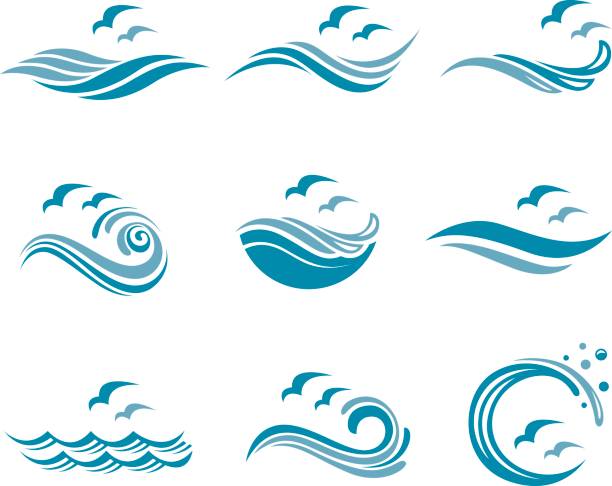 ocean icon set collection of ocean icon with waves and seagulls wave water icons stock illustrations